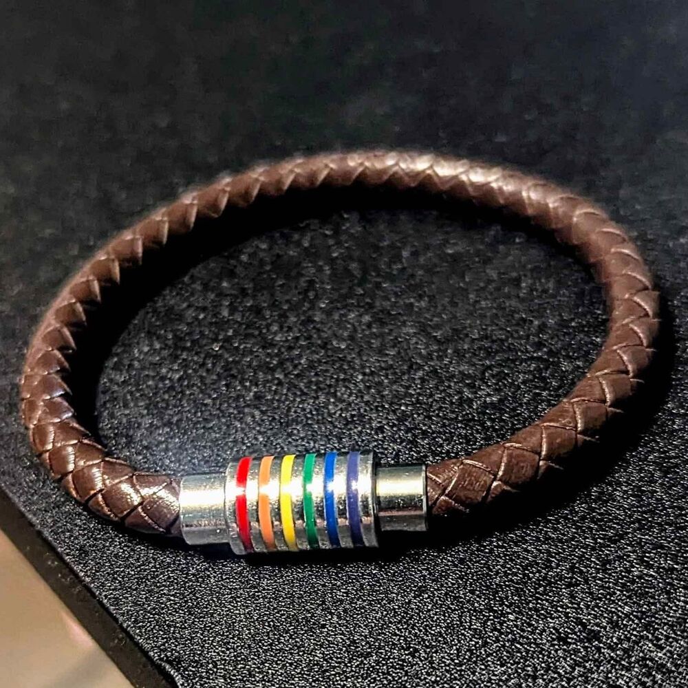 LGBTQ 6mm Brown Woven Leather Bracelet w/Magnetic Rainbow Closure